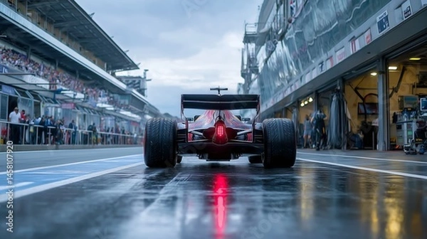 Obraz Formula 1 Car in Wet Pit Lane with Glowing Rear Light and Reflections, Surrounded by Garages, Grandstands, and Overcast Sky