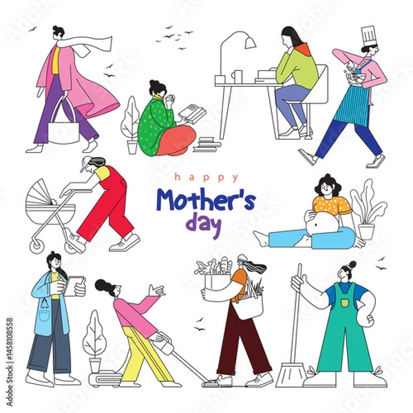 Fototapeta Happy Mothers day. Mothers day set with isolated human characters of mothers line art vector set. Flat vector cartoon characters isolated on white background.