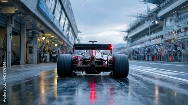 Obraz Formula 1 Car in Wet Pit Lane with Glowing Rear Light and Reflections, Surrounded by Garages, Grandstands, and Overcast Sky