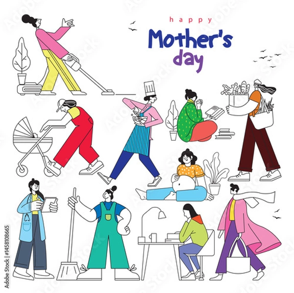 Fototapeta Happy Mothers day. Mothers day set with isolated human characters of mothers line art vector set. Flat vector cartoon characters isolated on white background.
