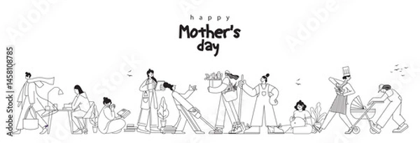 Fototapeta Happy Mothers day. Mothers day set with isolated human characters of mothers line art vector set. Flat vector cartoon characters isolated on white background.