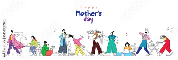 Fototapeta Happy Mothers day. Mothers day set with isolated human characters of mothers line art vector set. Flat vector cartoon characters isolated on white background.