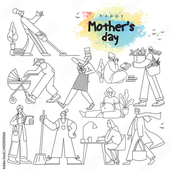 Fototapeta Happy Mothers day. Mothers day set with isolated human characters of mothers line art vector set. Flat vector cartoon characters isolated on white background.