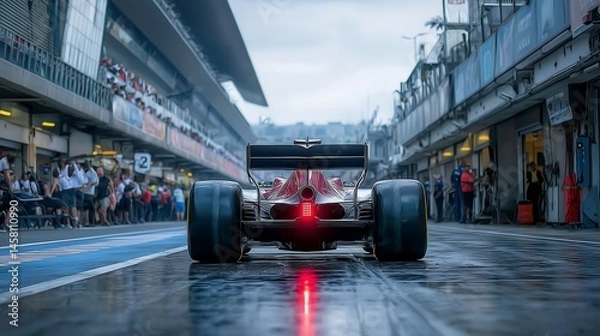 Obraz Formula 1 Car Exiting Wet Pit Lane on Rainy Race Day with Reflections, Glowing Tail Light, Garage Area, and Crowd in the Background