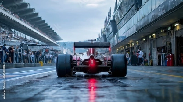 Obraz Formula 1 Car on Wet Pit Lane with Glowing Rear Light, Surrounded by Pit Garages, Crowd, and Reflections on Rain-Soaked Race Track