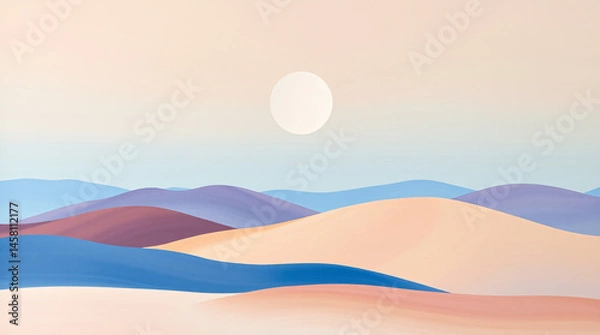 Fototapeta Soft gradients in lavender and peach form wavy abstract hills beneath a quiet sky circle.