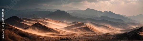 Fototapeta Panorama sand storm with majestic wave of dust and wind concept. Stunning desert landscape with dramatic mountains and soft light.