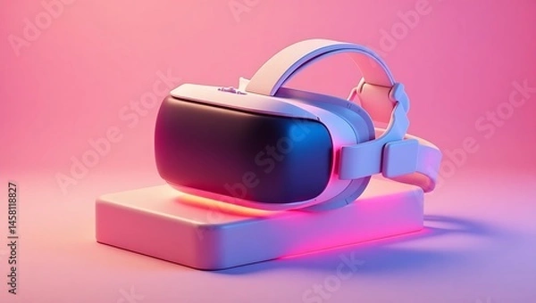 Fototapeta VR headset in neon accents, 3D isometric perspective, white base