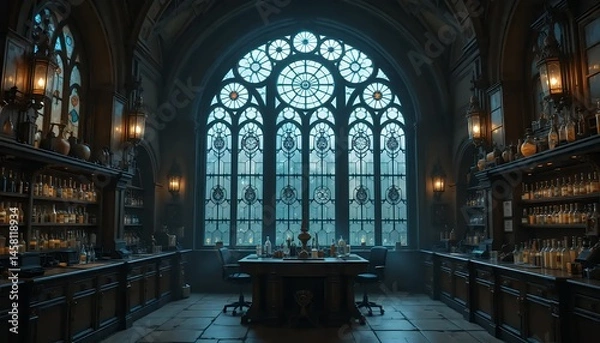 Fototapeta Alchemy Lab With Large Window And Potion Bottles