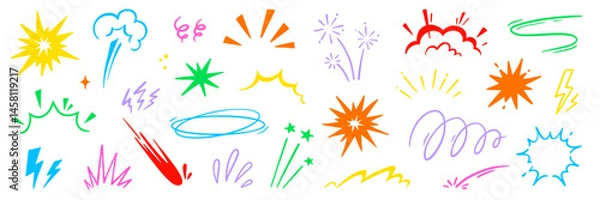 Fototapeta Cartoon comic element speed effect doodle line set. Comic boom motion, explosive energy, line speed cartoon vector graphic icon. Hand drawn cute sketch doodle effect. Vector illustration