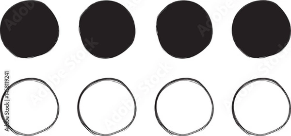 Obraz イラスト素材：手書きのシンプルな丸・円　ベクター　透過　可愛い　かわいい　手描き　Set of hand drawn simple circles