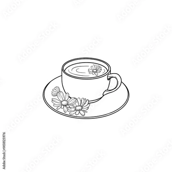 Fototapeta Black and white sketch drawing of a cup of chamomile tea with chamomile flowers standing on a saucer with three flowers.