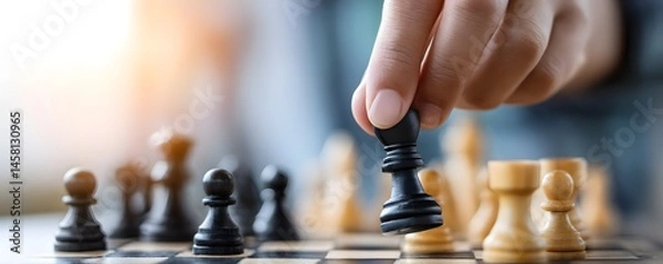 Fototapeta Close-up of an advisor's hand moving chess pieces on a board, symbolizing strategic investment planning and expertise, with generous copy space.