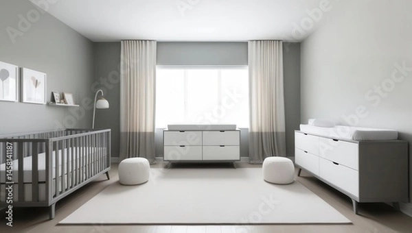 Fototapeta Modern nursery interior design contemporary home image minimalist environment wide angle view calm concept