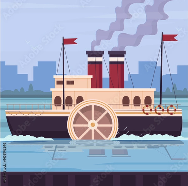 Fototapeta a vector image of a steamboat, an illustration for a book or magazine. swimming facility
