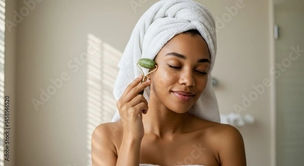 Obraz Serene woman enhancing beauty routine with facial massage using jade roller