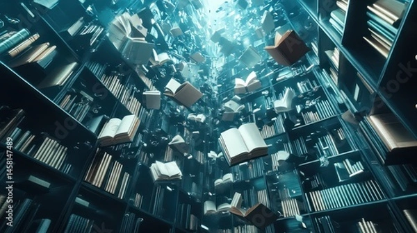 Obraz Surreal Library: Books in Flight, a Whimsical Journey Through Knowledge