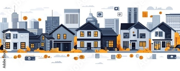 Obraz A stylized neighborhood depiction with houses, buildings, coins, and digital devices floating in the scene