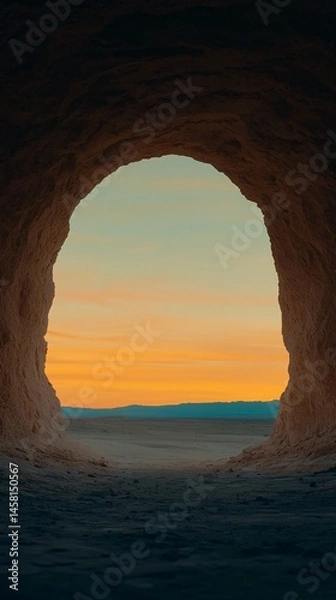 Fototapeta Dramatic Sunset View Framed by Cave Opening Desert Landscape Archway Rock Formation