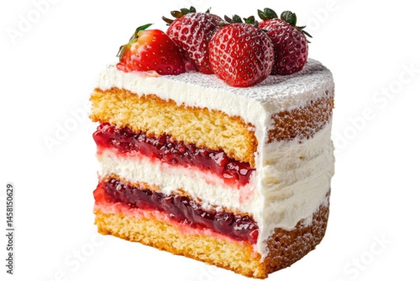 Fototapeta Delicious strawberry cake slice layered with creamy frosting and sweet jam fresh strawberries on top a on transparent background