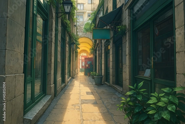 Obraz Charming alleyway with green doors and glowing archway scene