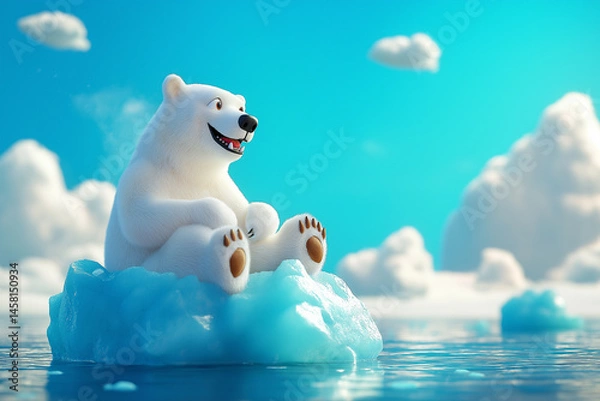 Obraz Playful polar bear sits on floating ice under clouds