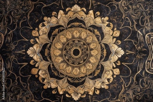Fototapeta Intricate Mandala Kaleidoscope Design with Psychedelic Elements in Deep Black and Gold, Mandala 3D Kaleidoscope seamless  Psychedelic Trippy