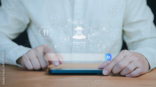 Fototapeta Person uses a smartphone with an AI powered interface displaying cybersecurity threats and hacker icons, highlighting risks in artificial intelligence technology.