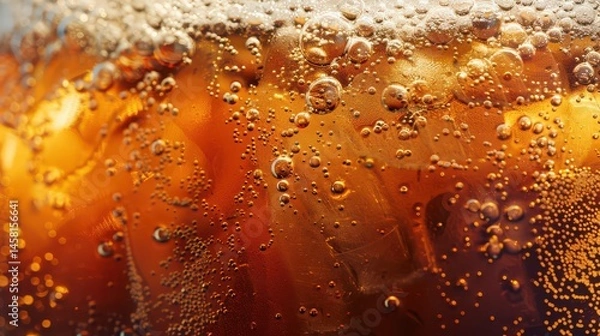 Obraz Close up of a refreshing beverage with ice cubes and bubbles creating a fizzy sensation in a glass
