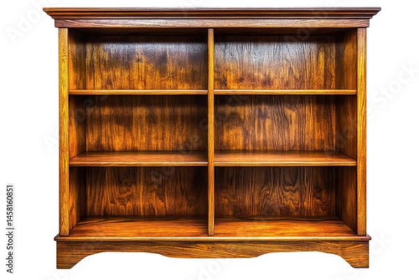 Fototapeta Elegant empty wooden bookcase rich dark brown tones six shelves ready for books and home decor studio on transparent background