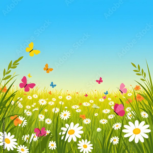 Obraz Colorful butterflies fluttering over a field of daisies  
