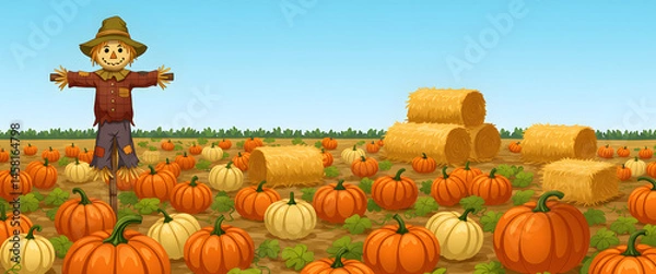 Obraz A scarecrow stands among pumpkins in a colorful field on Halloween