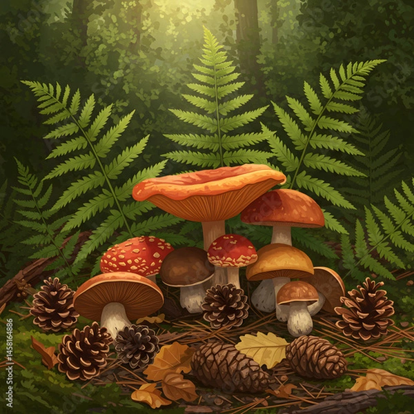 Obraz Colorful mushrooms surrounded by ferns and pinecones in a forest  