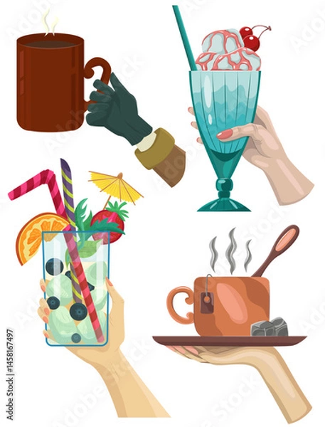 Fototapeta Colorful design set with hands holding glass of fruit and milk cocktail beverage drinks, cups with hot tee and coffee with sugar isolated on white. Cartoon vector flat illustration