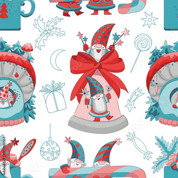Fototapeta Seamless pattern with cute Christmas gnomes Santa Claus with gifts and decorations isolated on white. Cartoon vector flat illustrations, traditional winter holidays