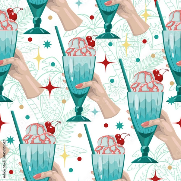 Fototapeta Seamless pattern with hands holding glass of fruit and milk cocktail beverage drink on white. Cartoon vector flat illustration