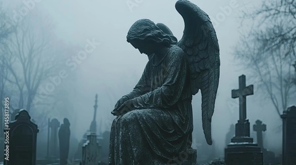 Fototapeta Angel statue in a cemetery with fog and crosses giving a somber and melancholic atmosphere scene