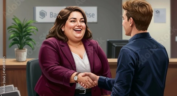 Obraz Smiling plus size businesswoman shaking hands with client in office  