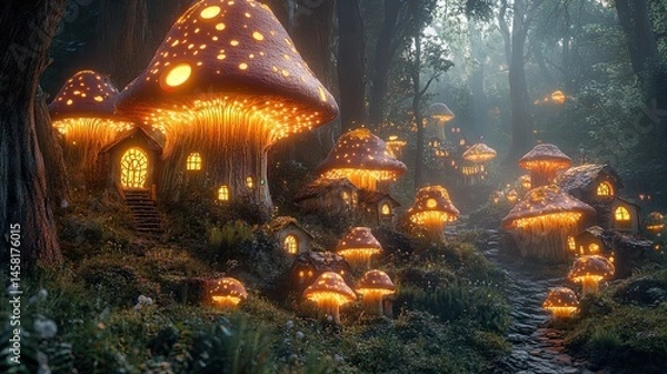 Fototapeta A whimsical mushroom village nestled in a lush forest with glowing lights and magical atmosphere