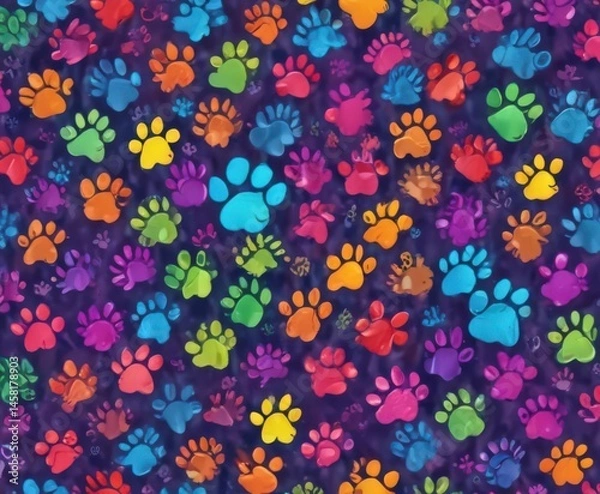 Fototapeta Vibrant rainbow paw prints, seamless doodle pattern,  graphic,  paw print illustration