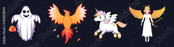 Fototapeta a set of magical creatures with wings. angel, phoenix, ghost, unicorn