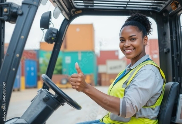 Obraz Female forklift operator in high-visibility vest, confident pose in logistics center.
