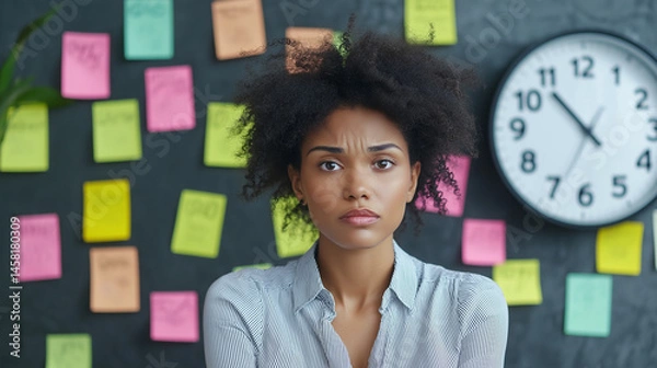 Fototapeta Stressed Woman Surrounded by Sticky Notes and Clocks – Concept of Burnout and Overwork