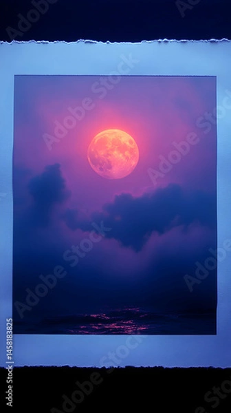Fototapeta A large, orange-hued full moon dominates a twilight sky above a calm, dark ocean, partially obscured by hazy clouds