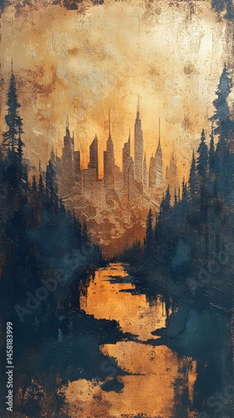 Obraz A river flows through a dark forest towards a distant, golden city silhouetted against a sunset sky
