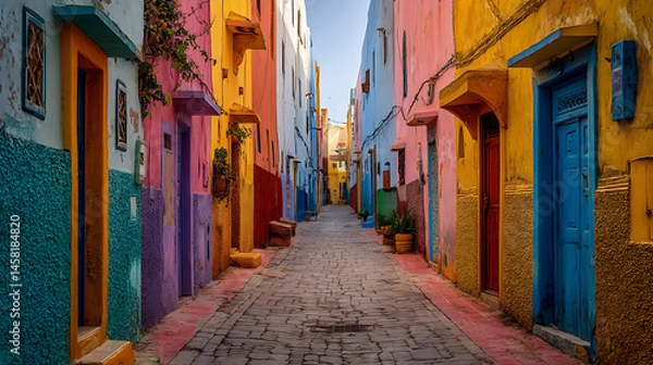 Fototapeta Street view of historic morrocan alley with colorful houses