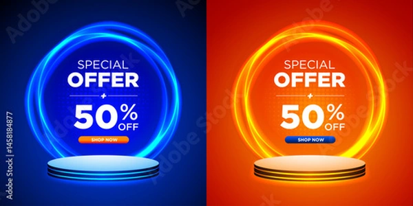 Fototapeta Special Offer Set. Blue and Orange Background 50% Off with Circle Light Effect on Podium Vector Template Design