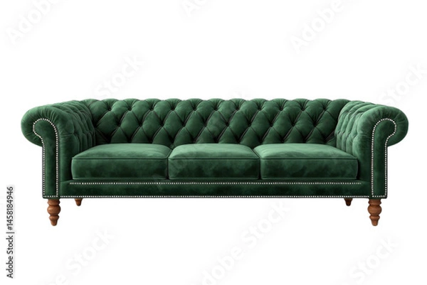 Fototapeta Luxurious emerald green velvet Chesterfield sofa elegantly tufted with button detailing sits against a on transparent background