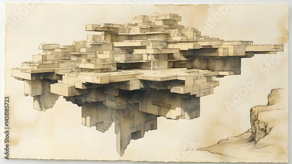 Fototapeta A sepia-toned drawing depicts a fantastical, floating city composed of numerous cubic structures, resembling a complex, layered archipelago in the sky, near a cliff edge