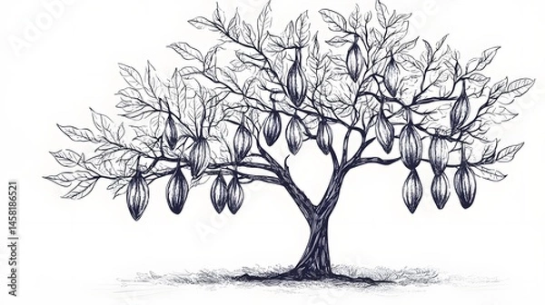 Fototapeta Detailed illustration of a cacao tree laden with pods.